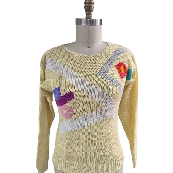 Vtg 80s 90s Adele Barre Ramie Blend Yellow Intarsia Sweater Abstract Metallic  M - Picture 1 of 5